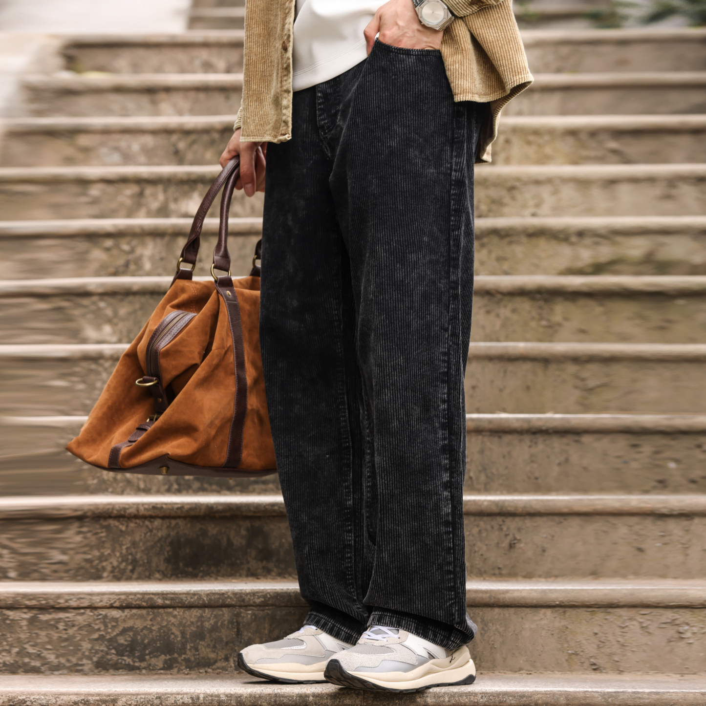 美式復古燈芯絨牛仔褲男寬鬆水洗做舊感vibe直筒休閒褲