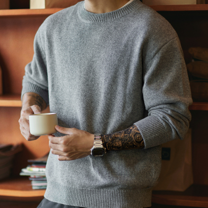2025冬季新款羊毛混紡圓領毛衣男寬鬆加厚保暖慵懶內搭打底針織衫