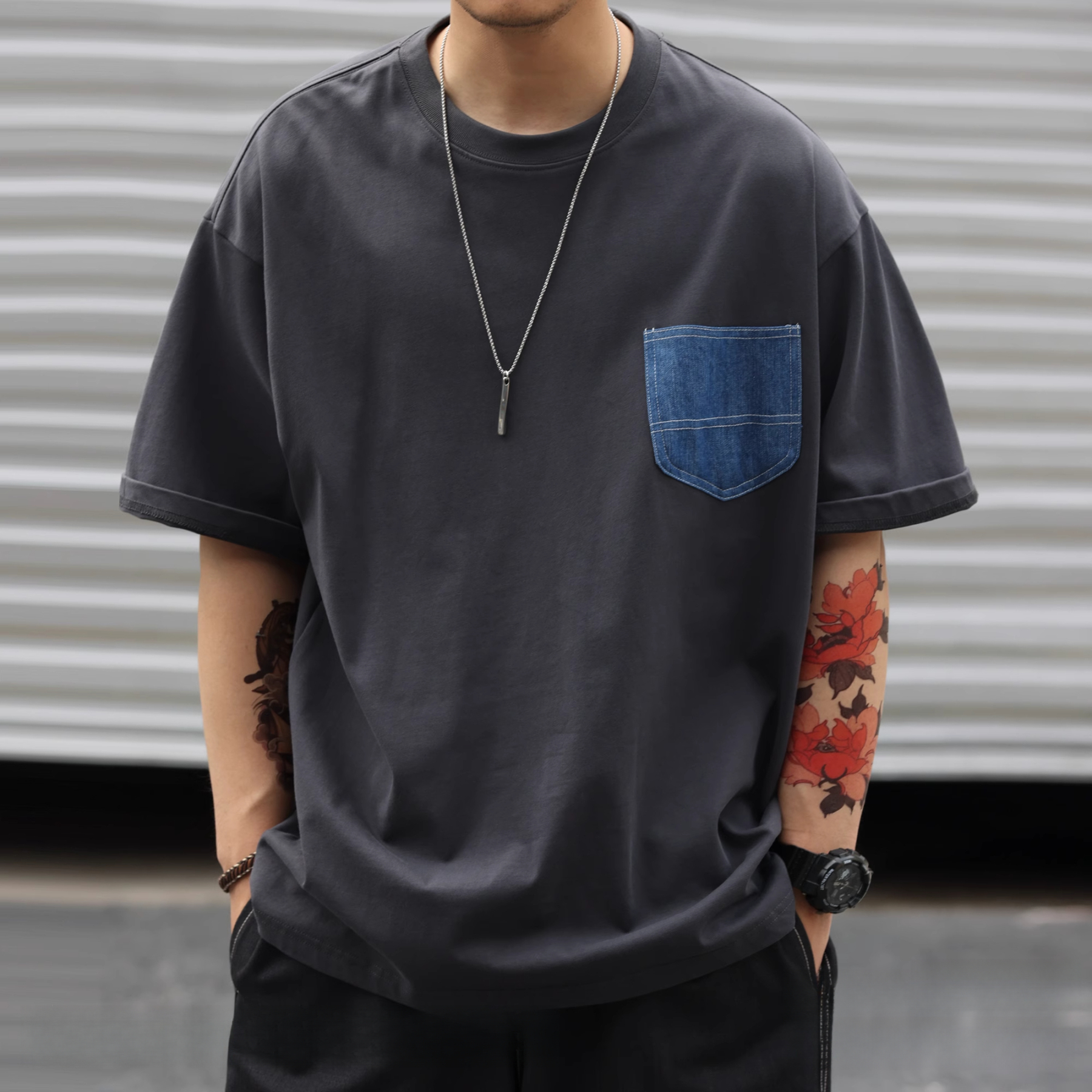 300g重磅精梳棉短袖T恤男美式休閒拼接牛仔口袋打底衫夏