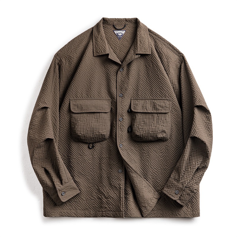 山系戶外古巴領泡泡紗長袖襯衫免燙抗皺口袋薄襯衣男夏秋-Retro's Wear