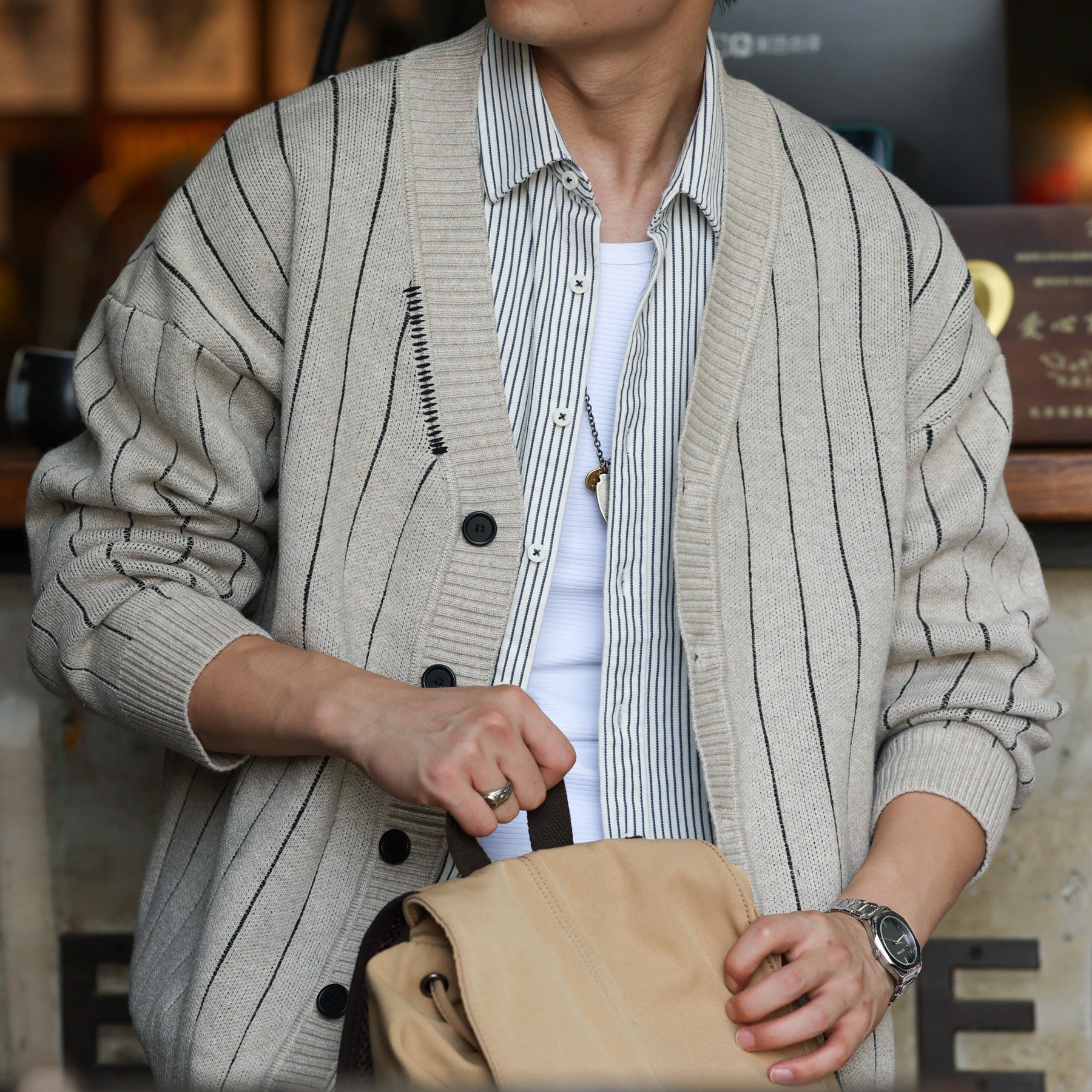 美式復古學院風條紋開衫毛衣男休閒慵懶風V領針織外套