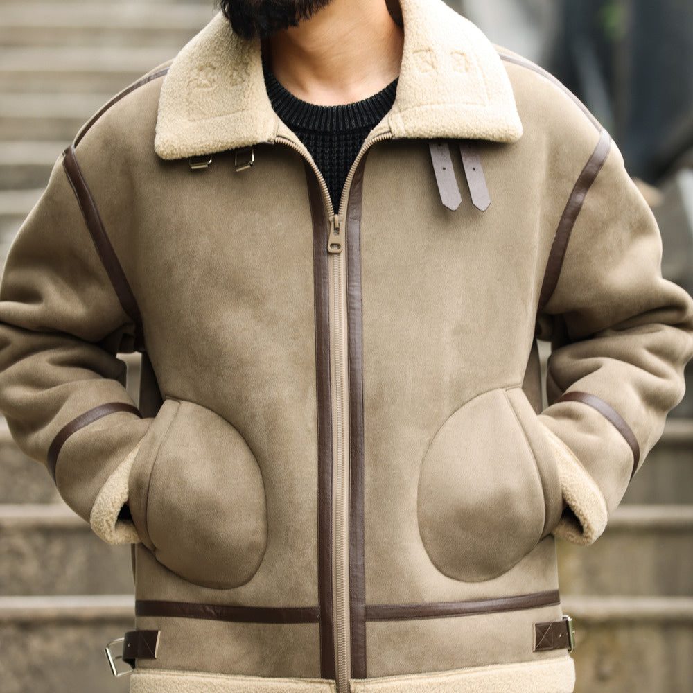 美式復古拼接麂皮絨棉衣外套男加厚保暖羊羔絨機車夾克