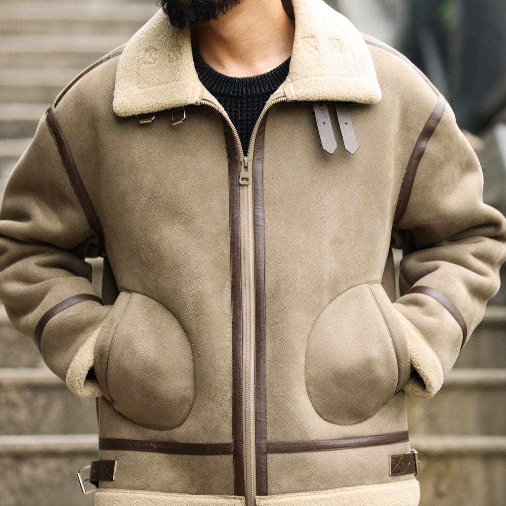 美式復古拼接麂皮絨棉衣外套男加厚保暖羊羔絨機車夾克
