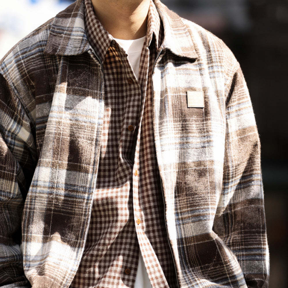 美式水墨暈染格紋夾克男雙向拉鍊寬鬆復古磨毛開衫翻領外套-Retro's Wear