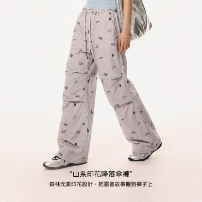 純棉薄款直筒闊腿山系傘兵褲鬆緊腰印花休閒工裝長褲子女士春