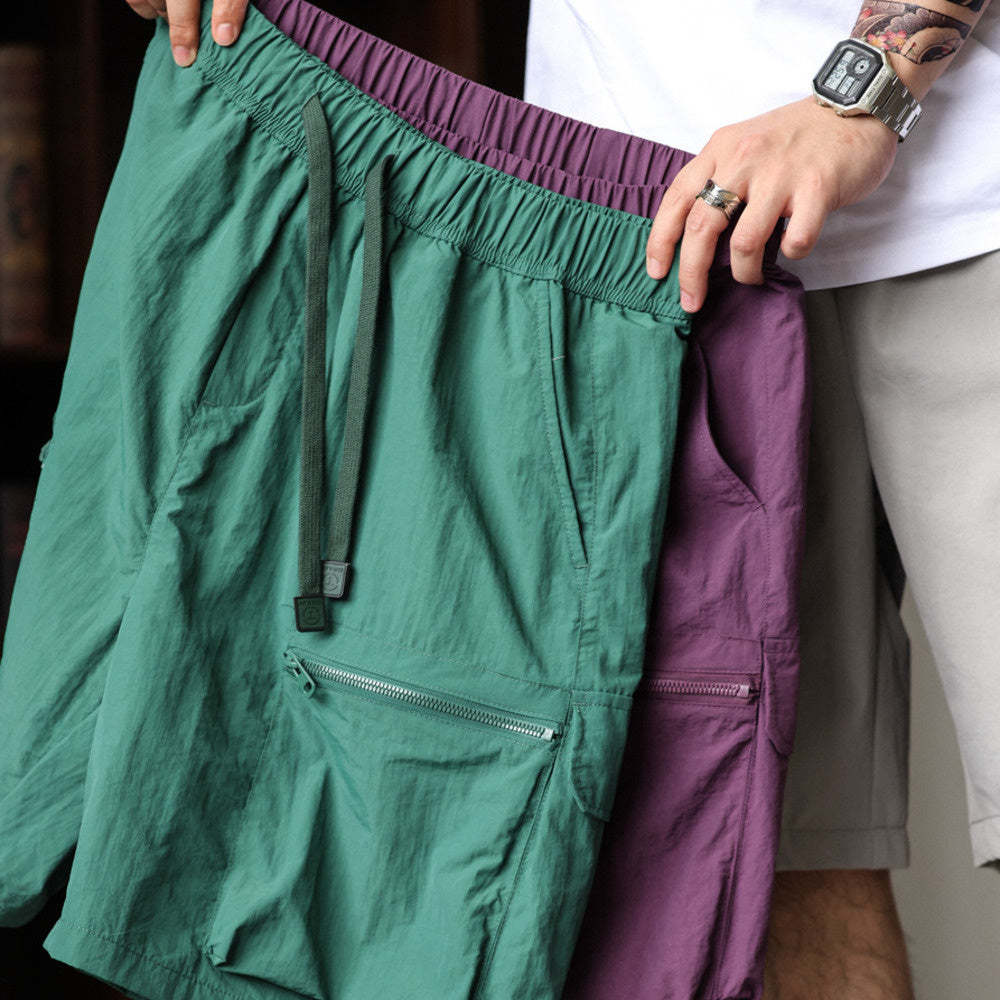 夏季日系速幹工裝短褲男寬鬆大碼抽繩大口袋跑步運動五分褲-Retro's Wear