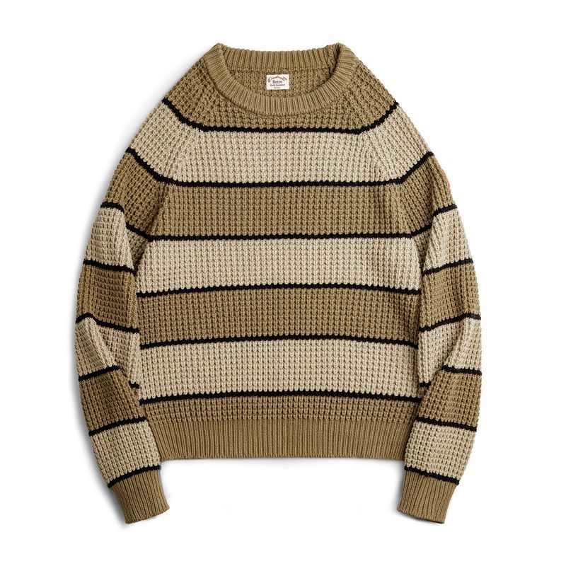 美式復古撞色鳳梨條紋毛衣肌理感套頭圓領打底針織衫男秋-Retro's Wear
