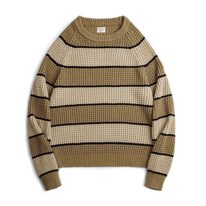 美式復古撞色鳳梨條紋毛衣肌理感套頭圓領打底針織衫男秋-Retro's Wear