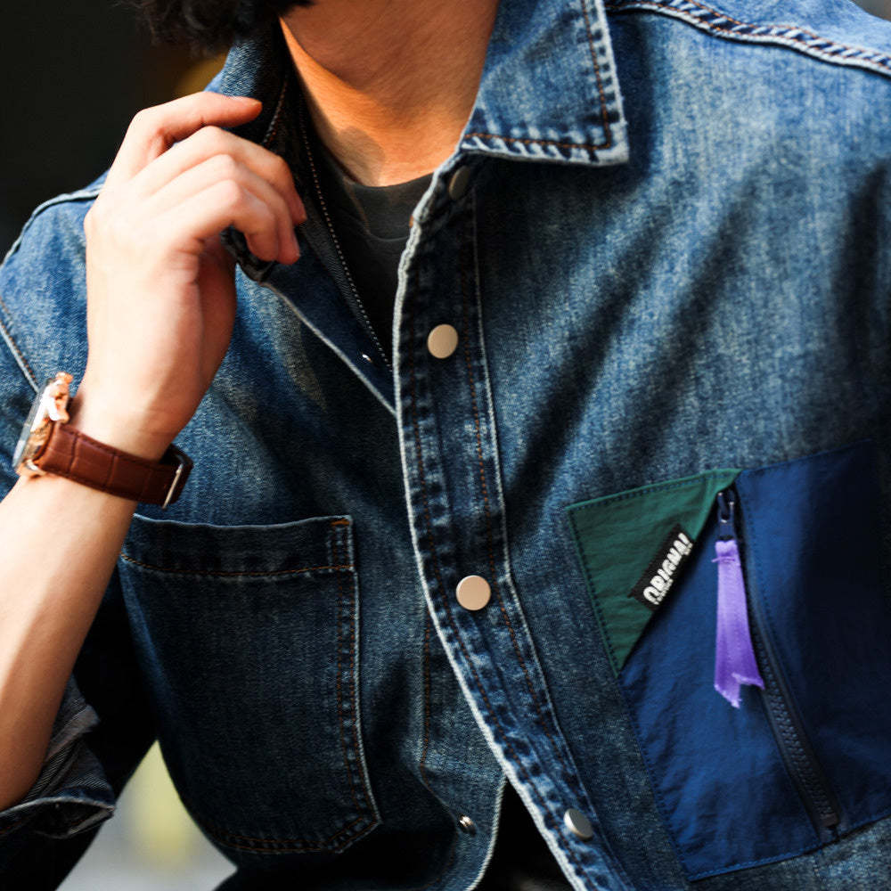 美式復古賽絡紡牛仔襯衫男戶外撞色拼接口袋工裝襯衣外套秋-Retro's Wear