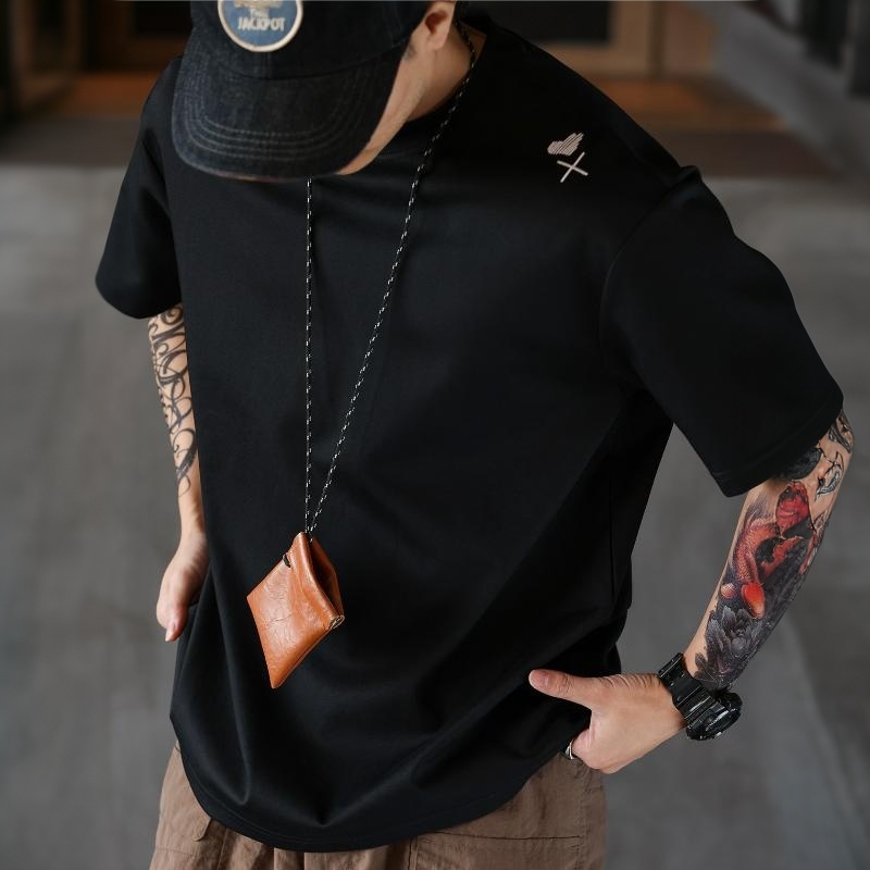 美式休閒愛心刺繡短袖T恤男寬鬆落肩袖簡約圓領打底TEE