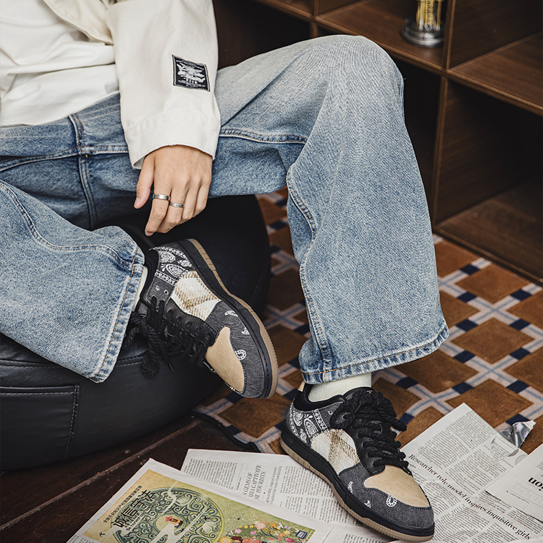 MRA腰果花滑板鞋男2025新款秋季英倫格紋刺繡厚底運動休閒潮鞋子