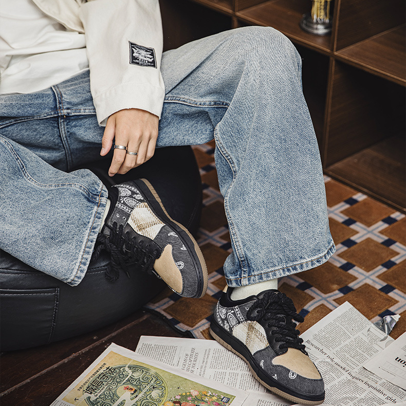 MRA腰果花滑板鞋男2025新款秋季英倫格紋刺繡厚底運動休閒潮鞋子