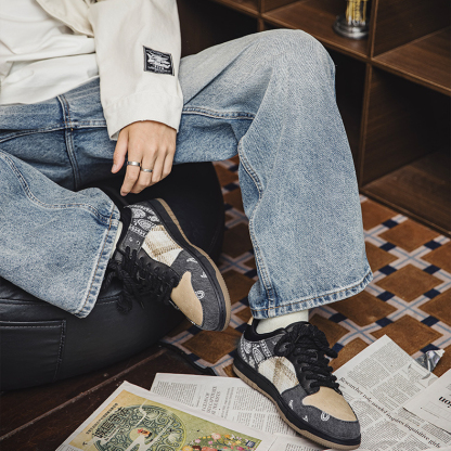 MRA腰果花滑板鞋男2025新款秋季英倫格紋刺繡厚底運動休閒潮鞋子