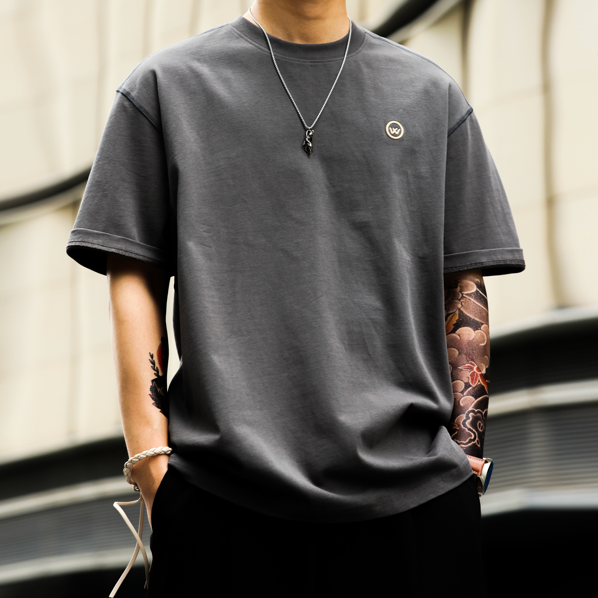 夏季300g重磅純棉短袖T恤男美式休閒撞線高密刺繡打底衫