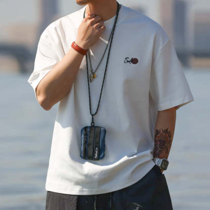 美式休閒230g斜紋雙面棉短袖T恤男笑臉刺繡圓領打底衫