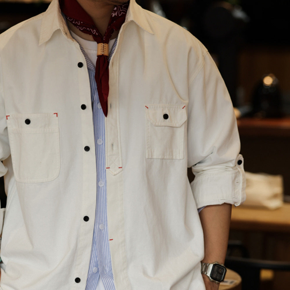 日系復古工裝襯衫男寬鬆cityboy高密純棉白色硬漢夾克外套秋-Retro's Wear