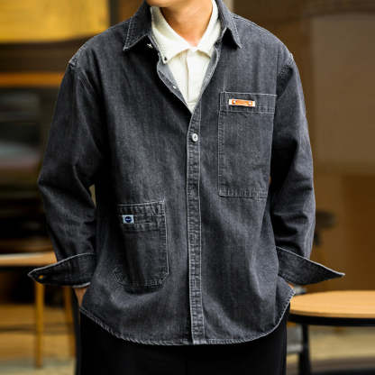 美式工裝長袖牛仔襯衫男寬鬆翻領百搭古著感休閒襯衣外套秋-Retro's Wear