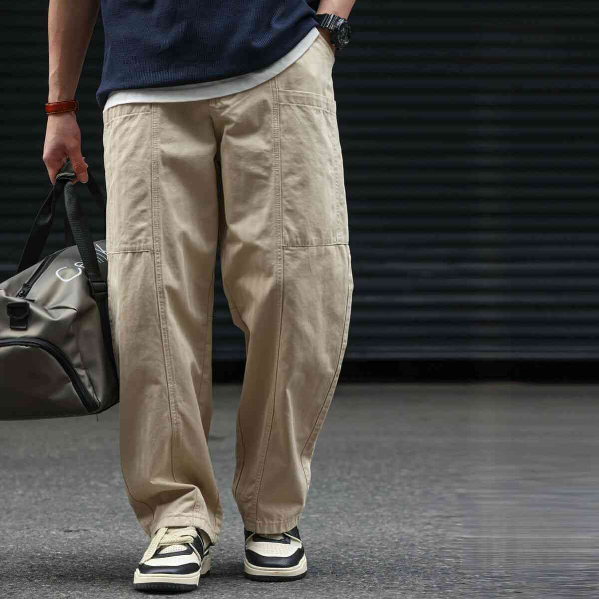 立體裁剪多口袋休閒工裝褲子男人字紋杏色vintage闊腿褲