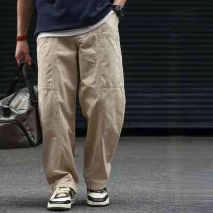 立體裁剪多口袋休閒工裝褲子男人字紋杏色vintage闊腿褲