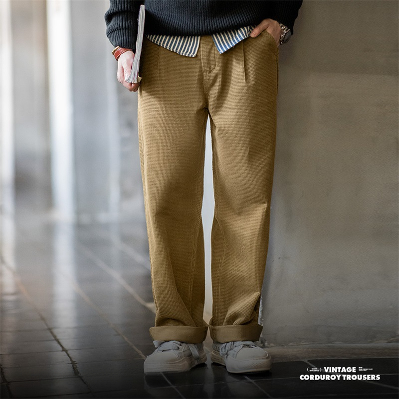 美式復古玉米粒燈芯絨休閒褲肌理感寬鬆純棉直筒褲子男秋-Retro's Wear
