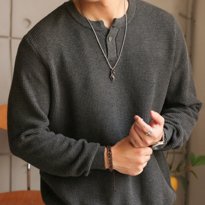 美式新貴亨利領長袖針織衫男細針花紗復古休閒內搭T恤秋