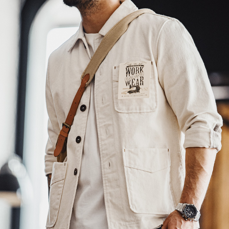 法式復古重磅棉籽殼夾克斜紋純棉翻領燈芯絨拼接外套男秋-Retro's Wear