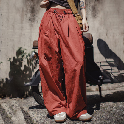 夏日爵士舞工裝降落傘褲美式高街輕薄大口袋褶皺寬鬆闊腿褲女