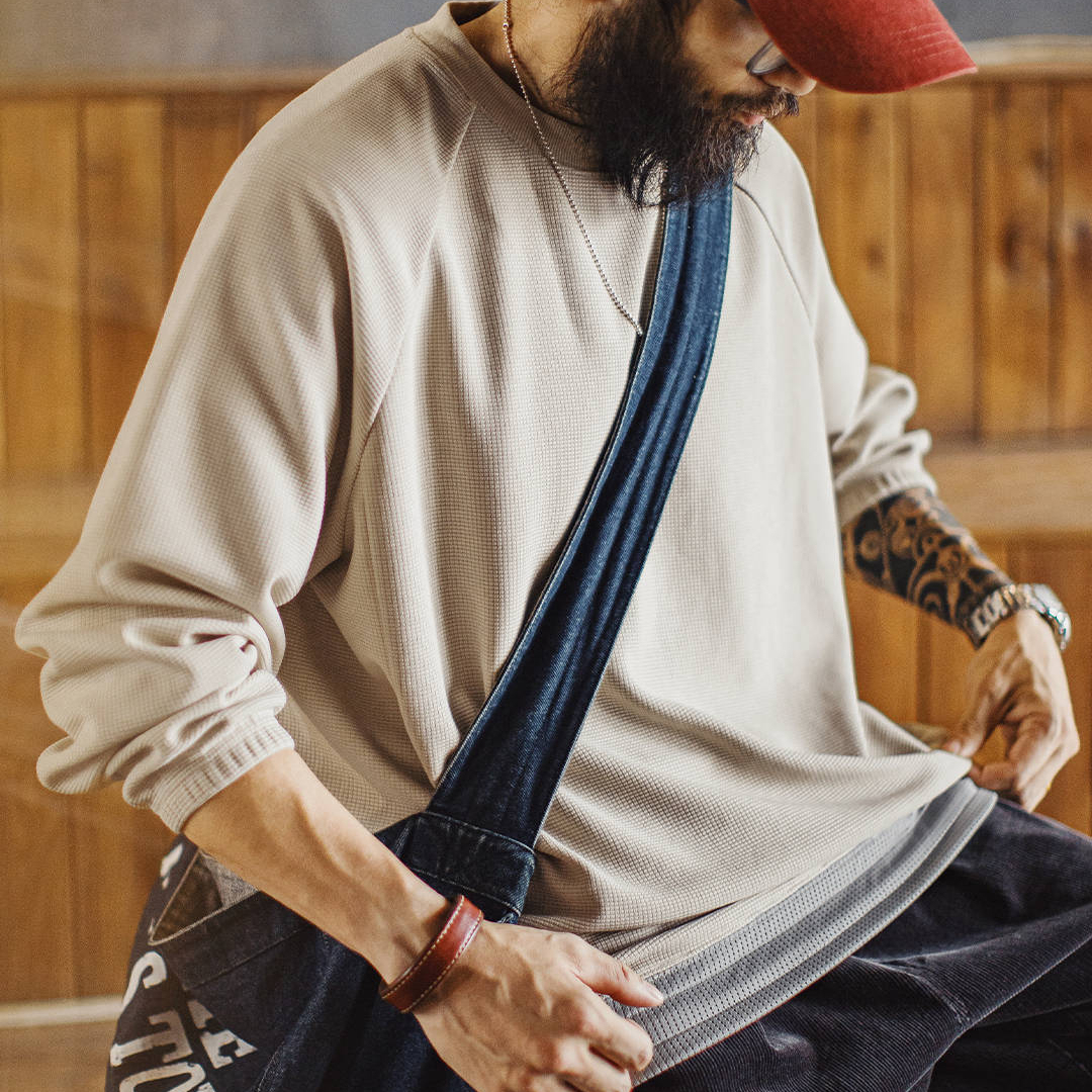 美式休閒華夫格重磅長袖衛衣插肩袖垂感寬鬆日系外套男秋