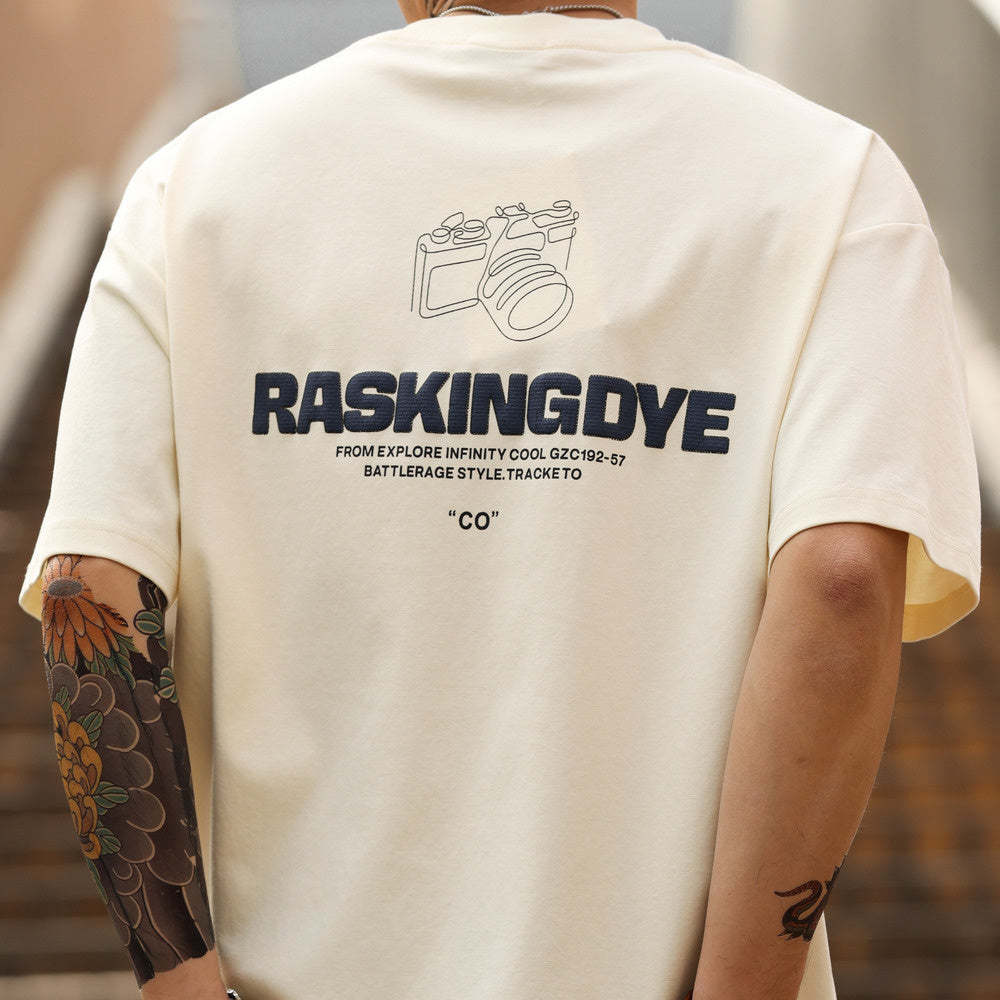 美式休閒210g發泡織圈短袖T恤男寬鬆杏色雙面棉印花TEE