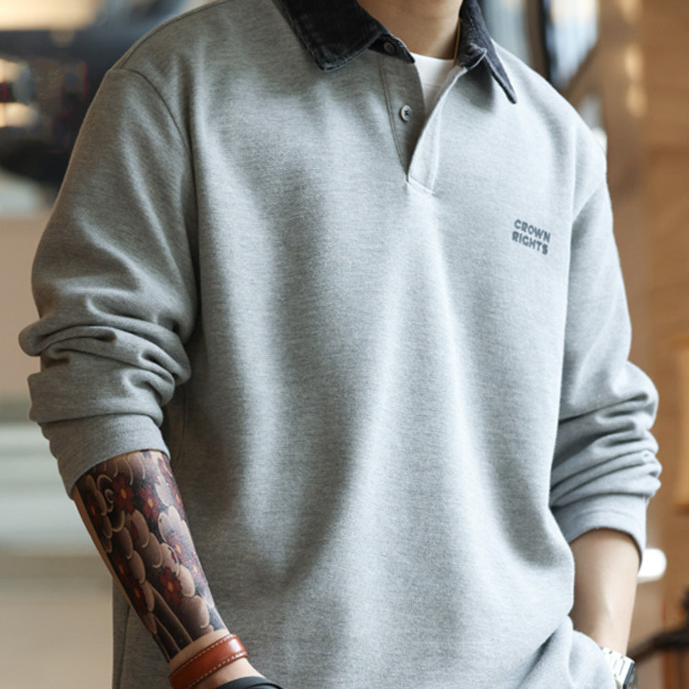 美式復古撞色領口長袖POLO衫男寬鬆休閒運動翻領針織T恤衛衣-Retro's Wear