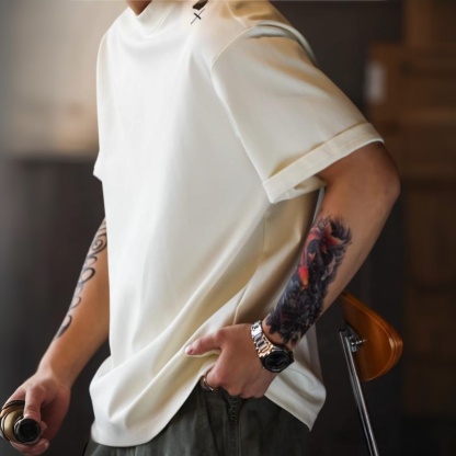 美式休閒愛心刺繡短袖T恤男寬鬆落肩袖簡約圓領打底TEE