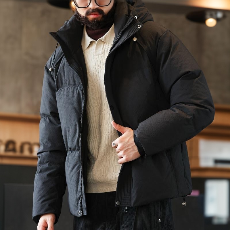 冬季泡泡肌理連帽羽絨服男美式復古90白鴨絨麵包服外套