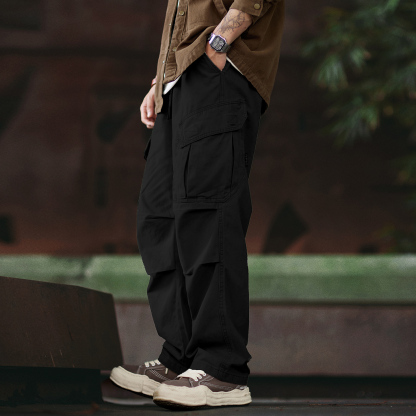 純棉水洗直筒工裝褲男2025秋季新款寬鬆傘兵褲美式闊腿休閒褲子