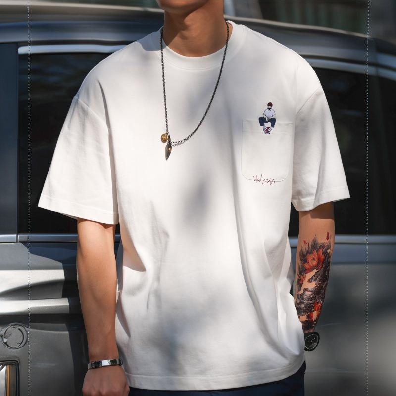 美式休閒重磅刺繡短袖T恤男口袋設計感白色落肩袖打底衫