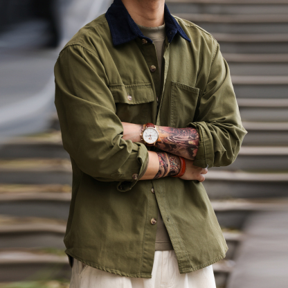 巴恩風復古工裝襯衫男撞色燈芯絨領口痞帥長袖襯衣外套