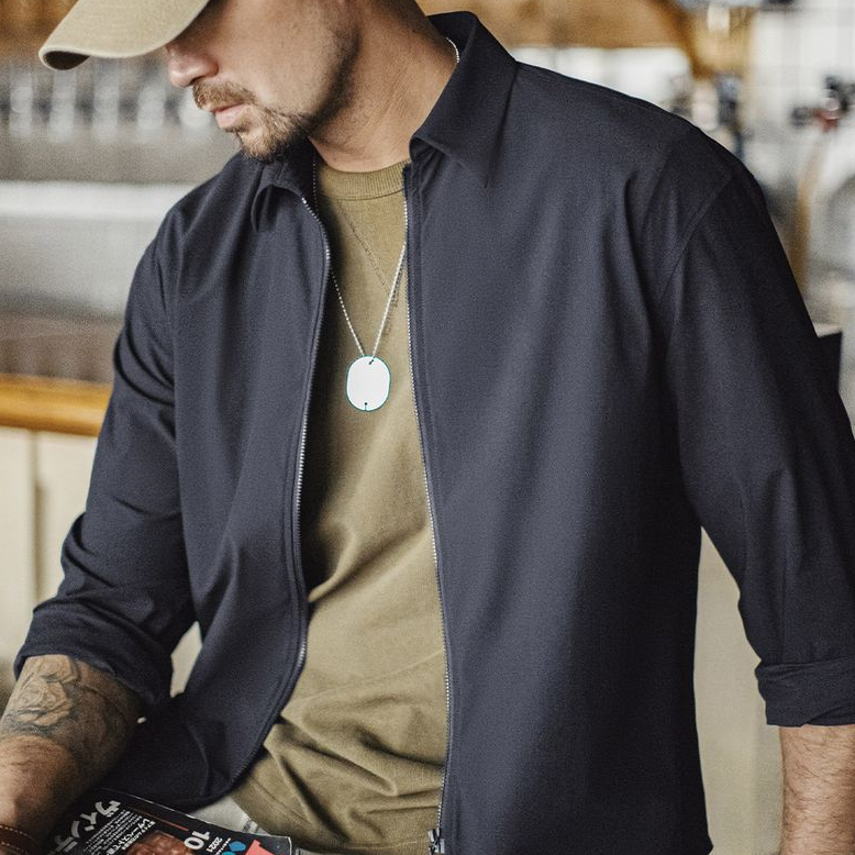 美式休閒垂感冰絲襯衫透氣cleanfit凉感黑長袖襯衣男春夏