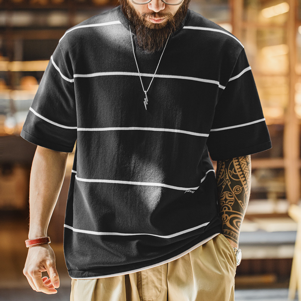 美式休閒黑白撞色條紋T恤Cityboy半袖日系圓領短袖男夏