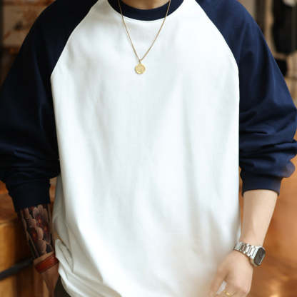 重磅純棉300g日系撞色插肩長袖T恤男寬鬆基礎版復古打底衫秋-Retro's Wear