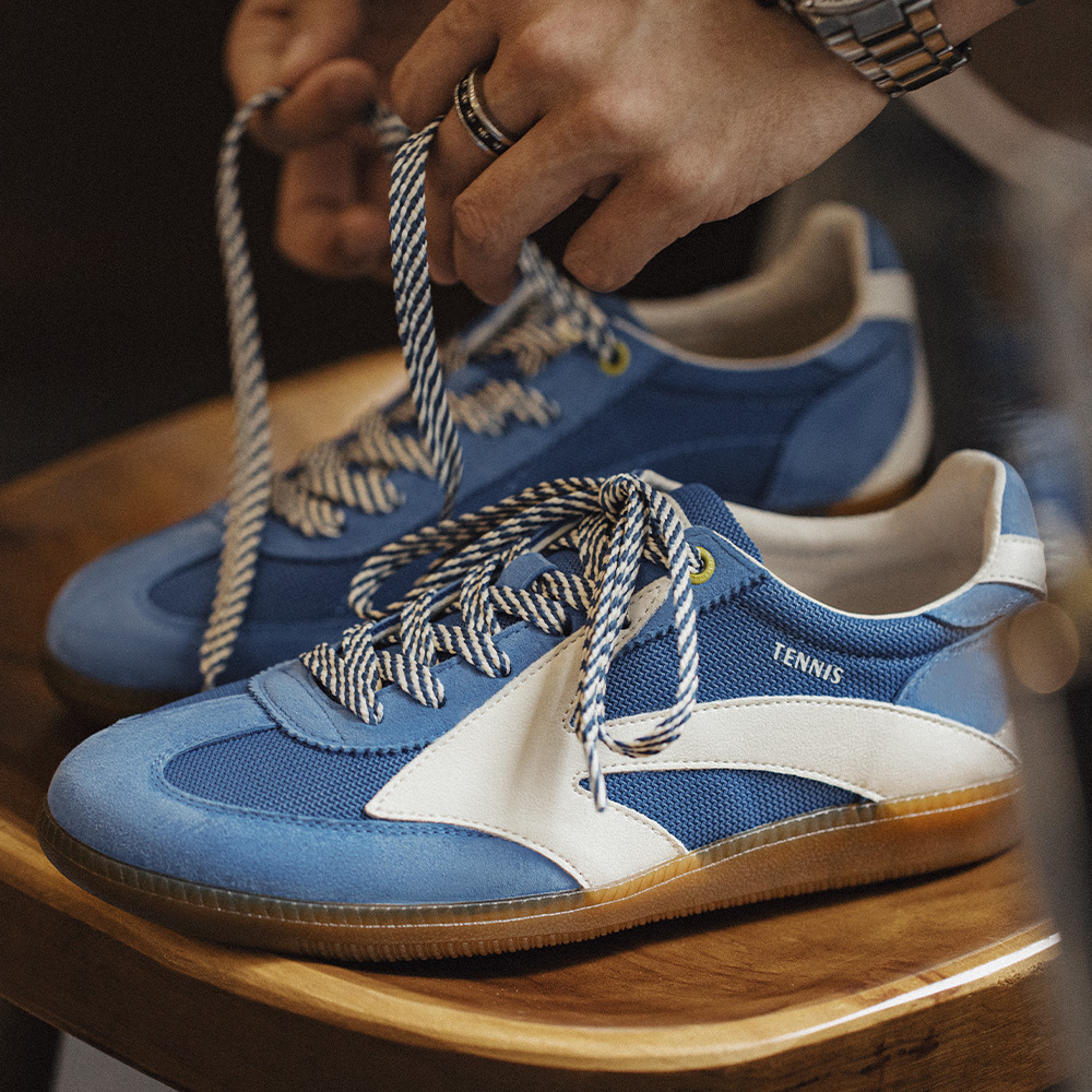 2025夏季新款藍色復古德訓鞋男運動阿甘鞋網面透氣休閒鞋板鞋