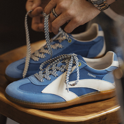 2025夏季新款藍色復古德訓鞋男運動阿甘鞋網面透氣休閒鞋板鞋