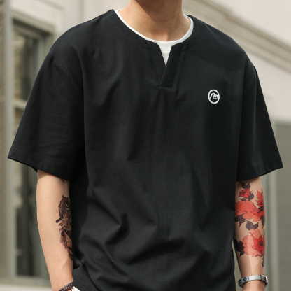 美式假兩件V型領設計短袖T恤男220g涼感休閒刺繡打底衫