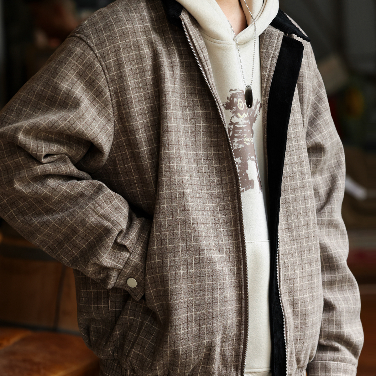 老錢風千鳥格撞色翻領夾克男美式復古哈靈頓工裝外套秋