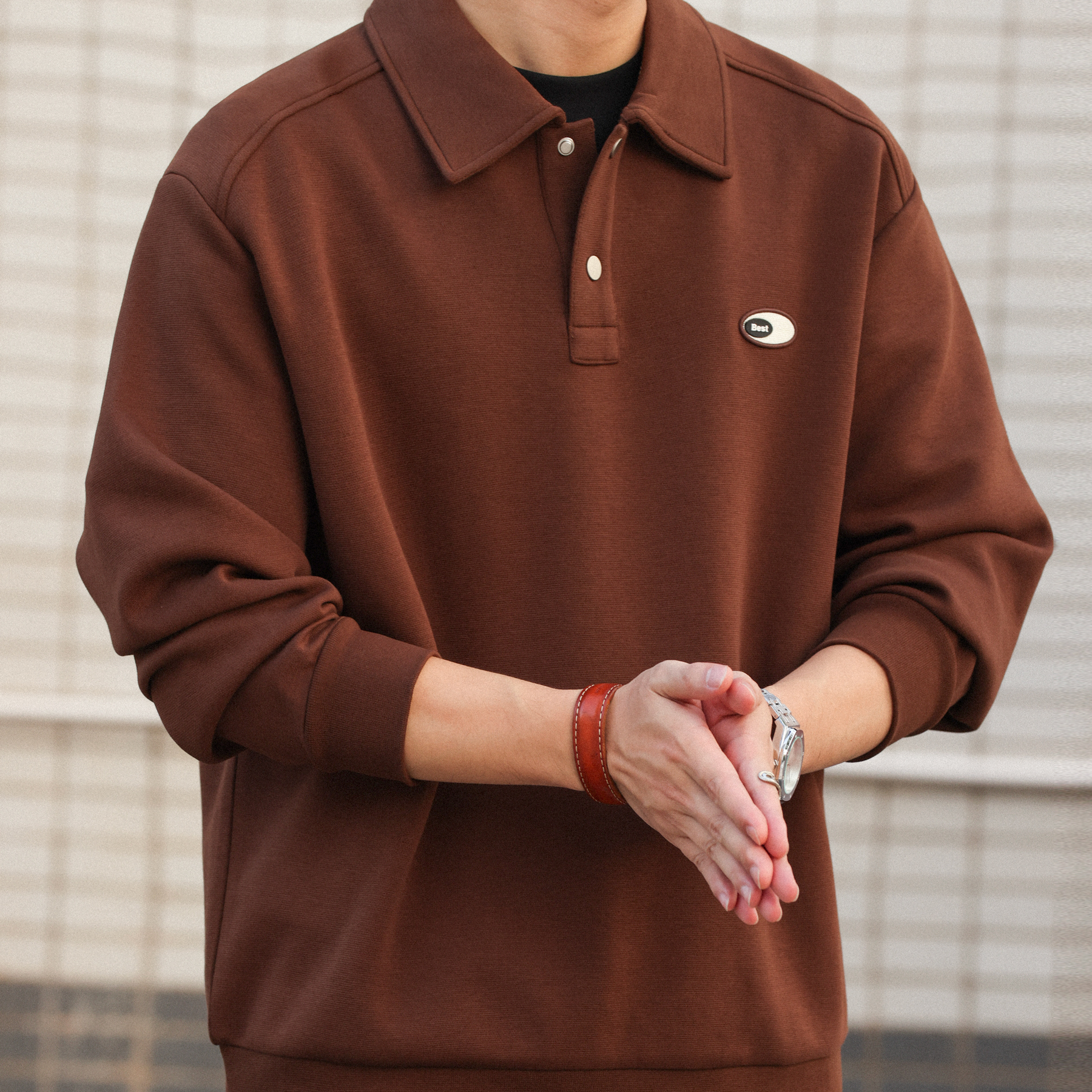 美式復古棉氨刺繡POLO領衛衣男340g空氣層翻領疊穿上衣