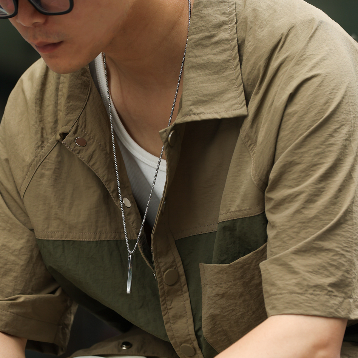 美式復古微褶肌理短袖襯衣男140g撞色拼接口袋疊穿襯衫