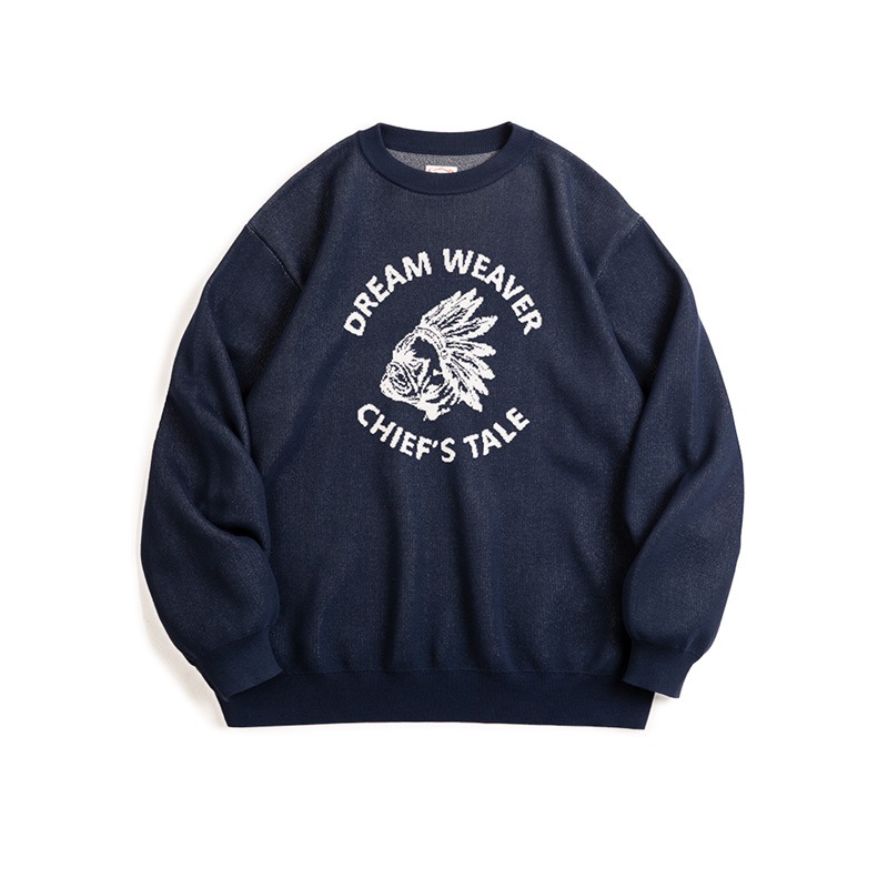 美式復古仿亞麻字母撞色毛衣阿美哢嘰套頭圓領針織衫男秋-Retro's Wear