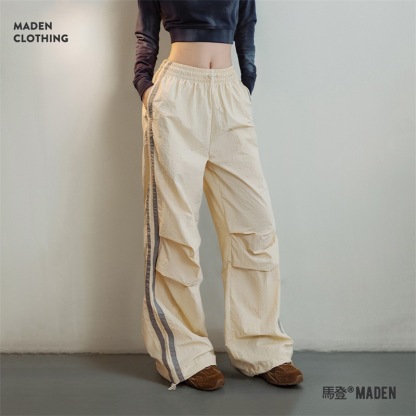 美式條紋傘兵褲防潑水戶外運動直筒褲闊腿工裝褲街舞褲春秋女-Retro's Wear