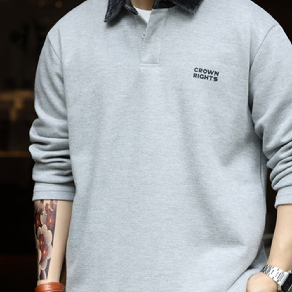 美式復古撞色領口長袖POLO衫男寬鬆休閒運動翻領針織T恤衛衣-Retro's Wear