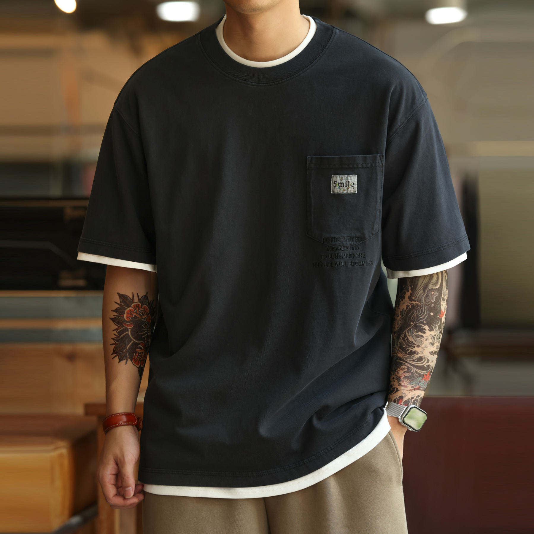 美式復古重磅水洗做舊T恤男260g純棉口袋刺繡短袖打底衫