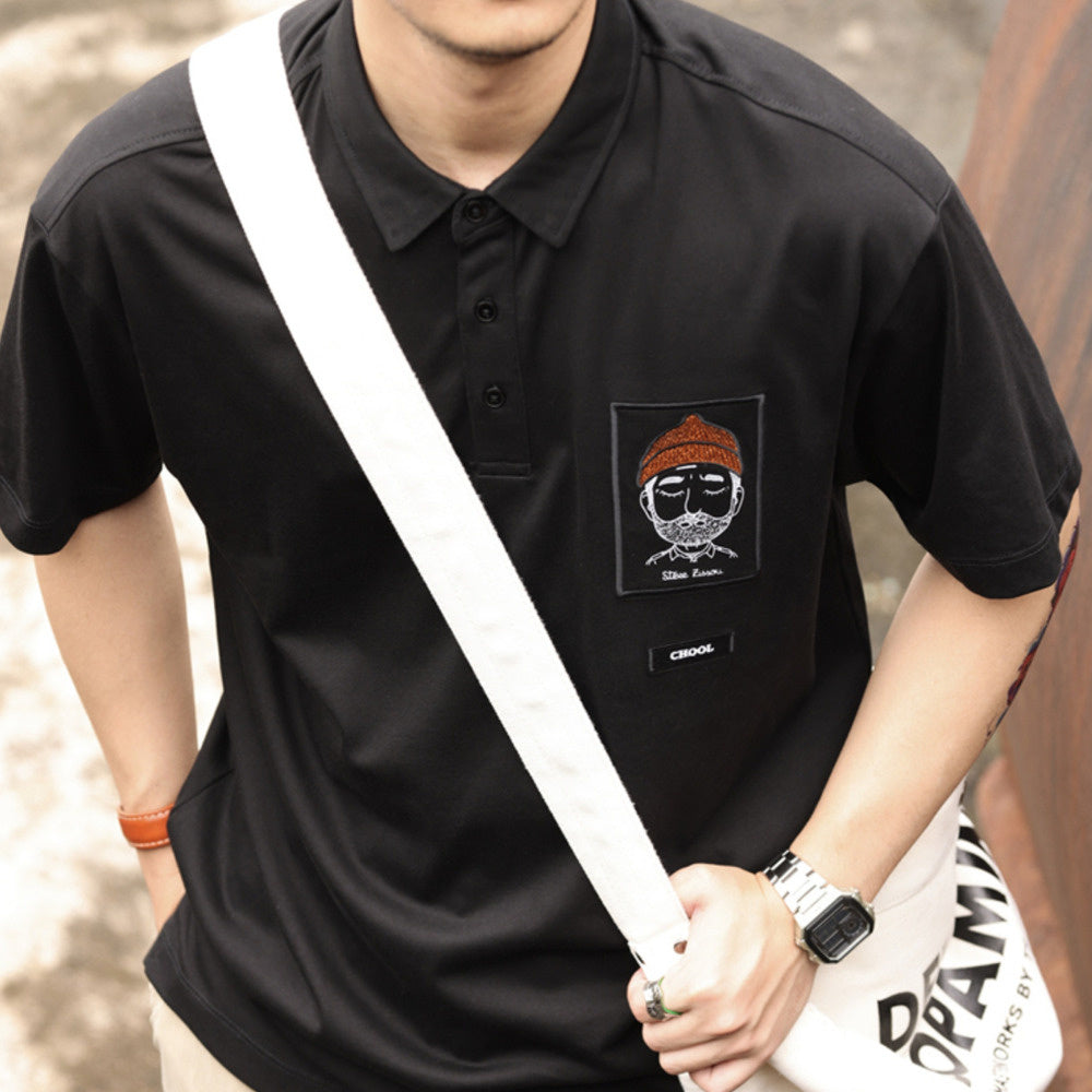 日系納瓦霍重工刺繡半袖POLO衫男夏季寬鬆休閒翻領短袖T恤