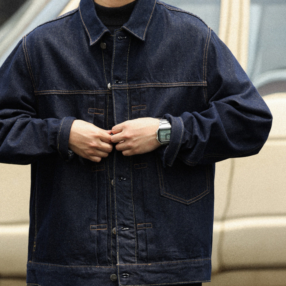 日系復古風暴騎士牛仔夾克男深藍色阿美哢嘰翻領輯明線外套-Retro's Wear